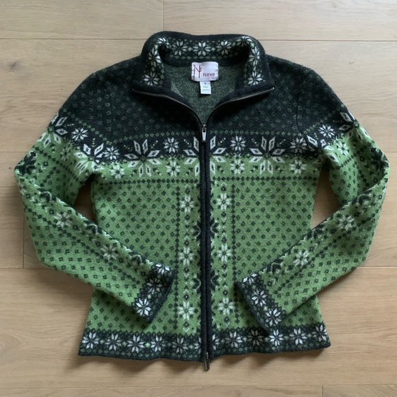 Neve Sweaters - Neve Fair Isle Wool Sweater Womens S Green Black Nordic Knit Double Zip Cardigan